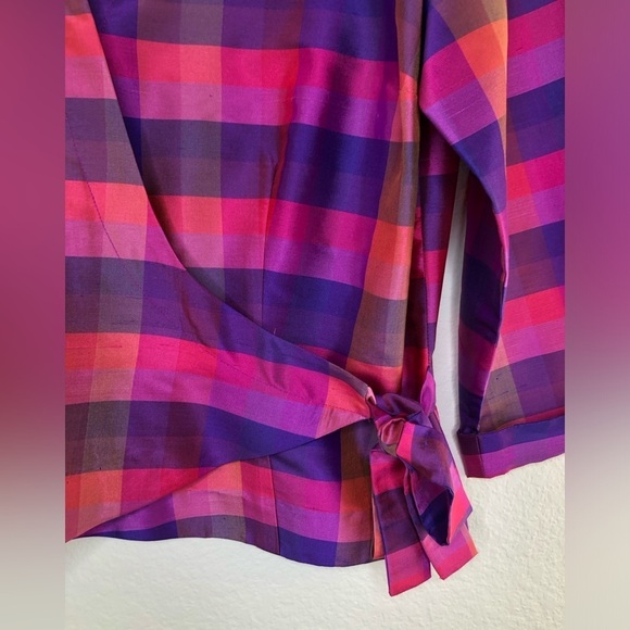 CLIO Vintage Retro 100% Silk Tartan Wrap Top Purple, Pink Size: Small - Picture 9 of 10